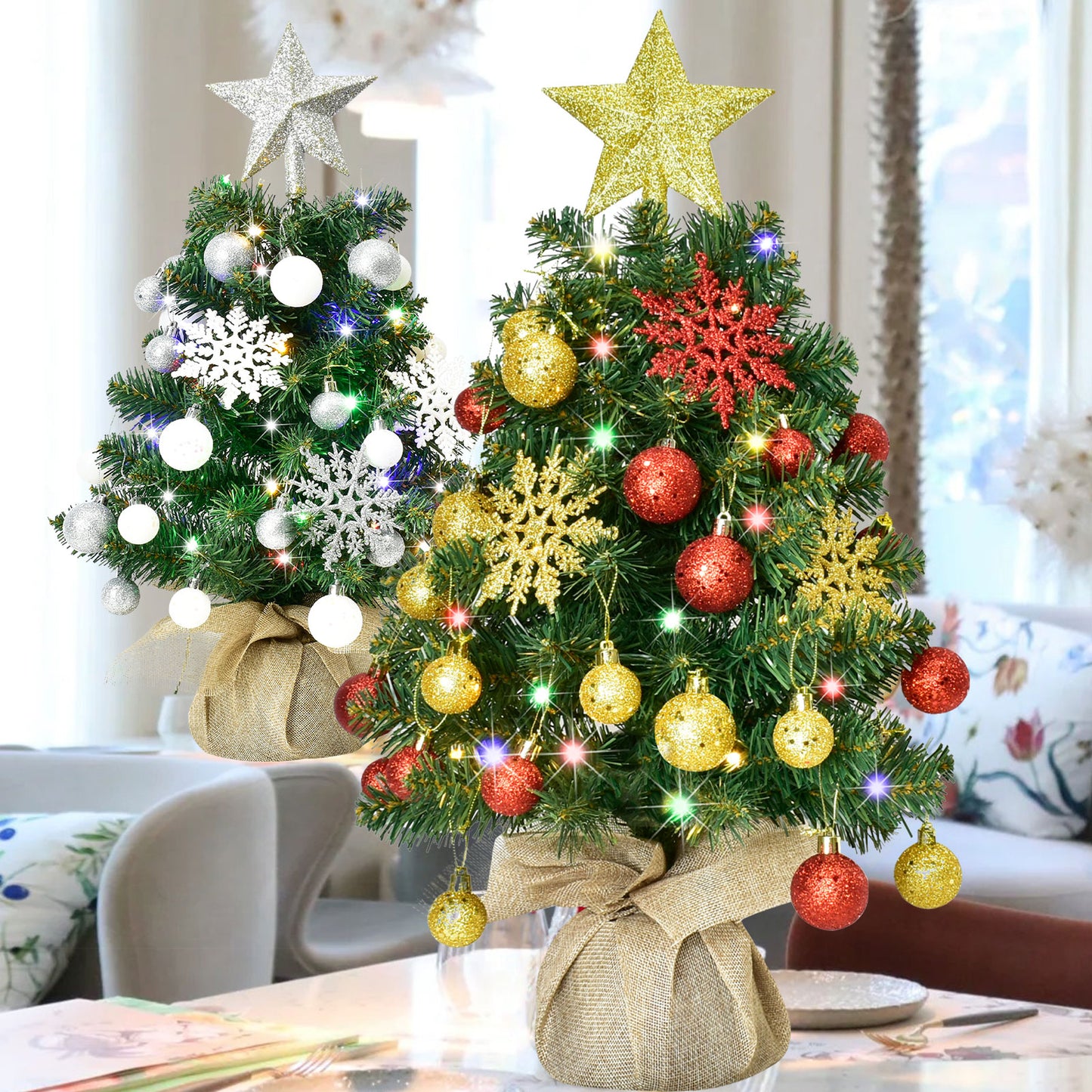 HOYECHI 24" Mini Christmas Tree - Small Tabletop Artificial Xmas Tree with Lights, Star Treetop, Ornaments Balls, DIY Decorations - Green & Gold