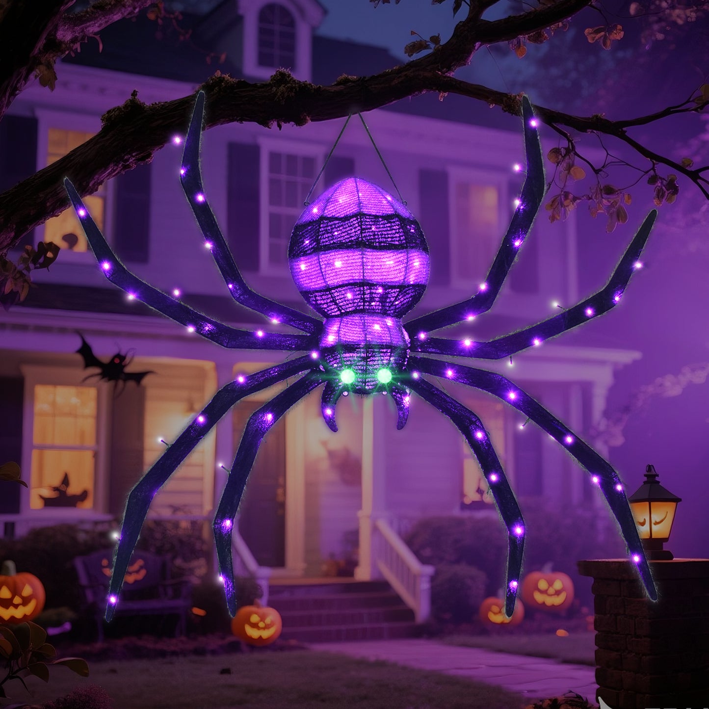 HOYECHI Halloween Decorations Outdoor Hanging Spider - 4.2FT Giant Climb The Wall Spider Halloween Decor, Light Up Spider with 90 LED Lights, for Front Yard Porch Roof Party Outside - Black