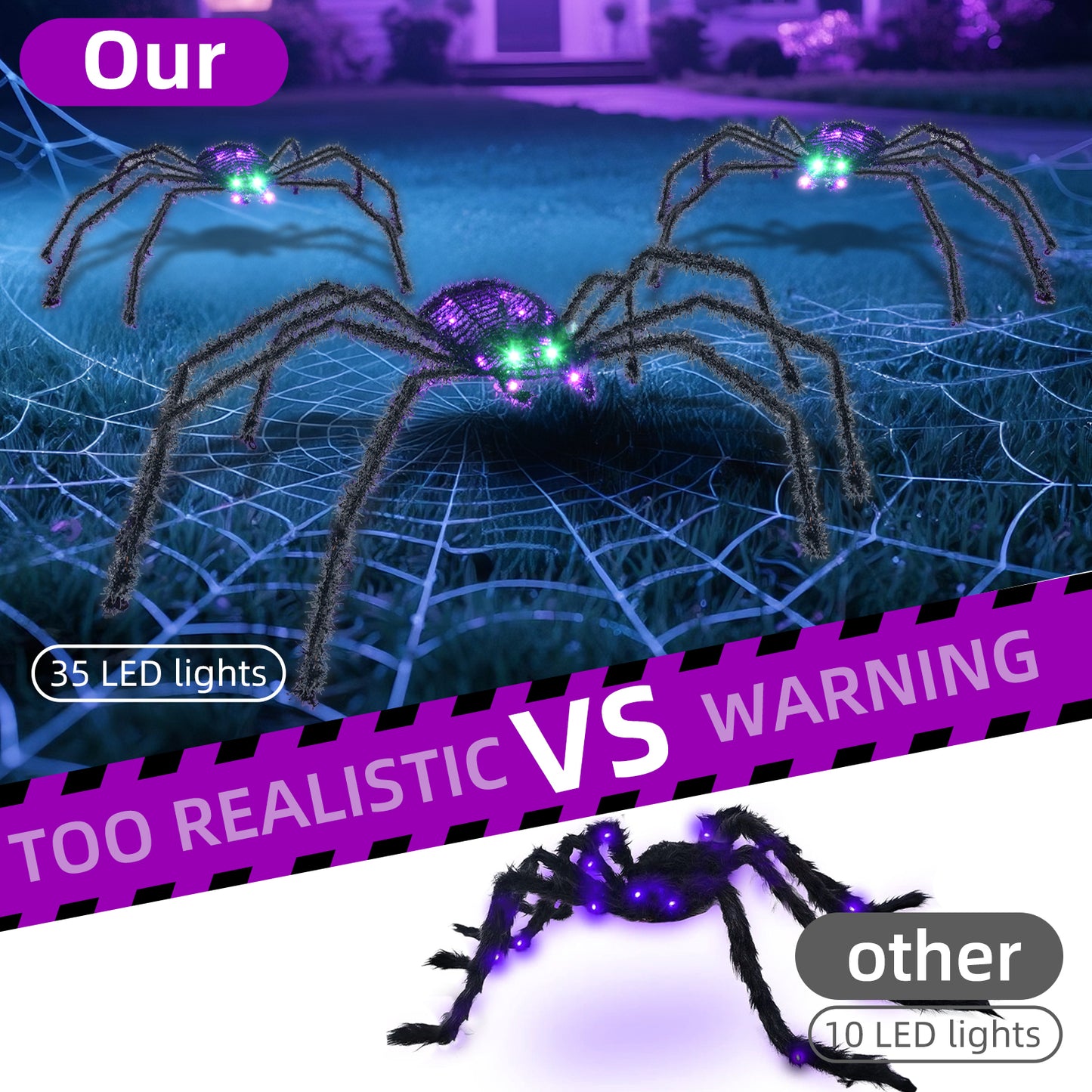 HOYECHI 3-Piece Lighted Halloween Spider - Holiday Decorations Outdoor Set of 3 Spider with 35 LED Lights for Front Yard Porch Gardens Party Outside Halloween Decor - Black