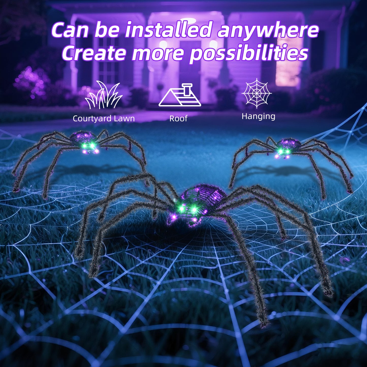 HOYECHI 3-Piece Lighted Halloween Spider - Holiday Decorations Outdoor Set of 3 Spider with 35 LED Lights for Front Yard Porch Gardens Party Outside Halloween Decor - Black