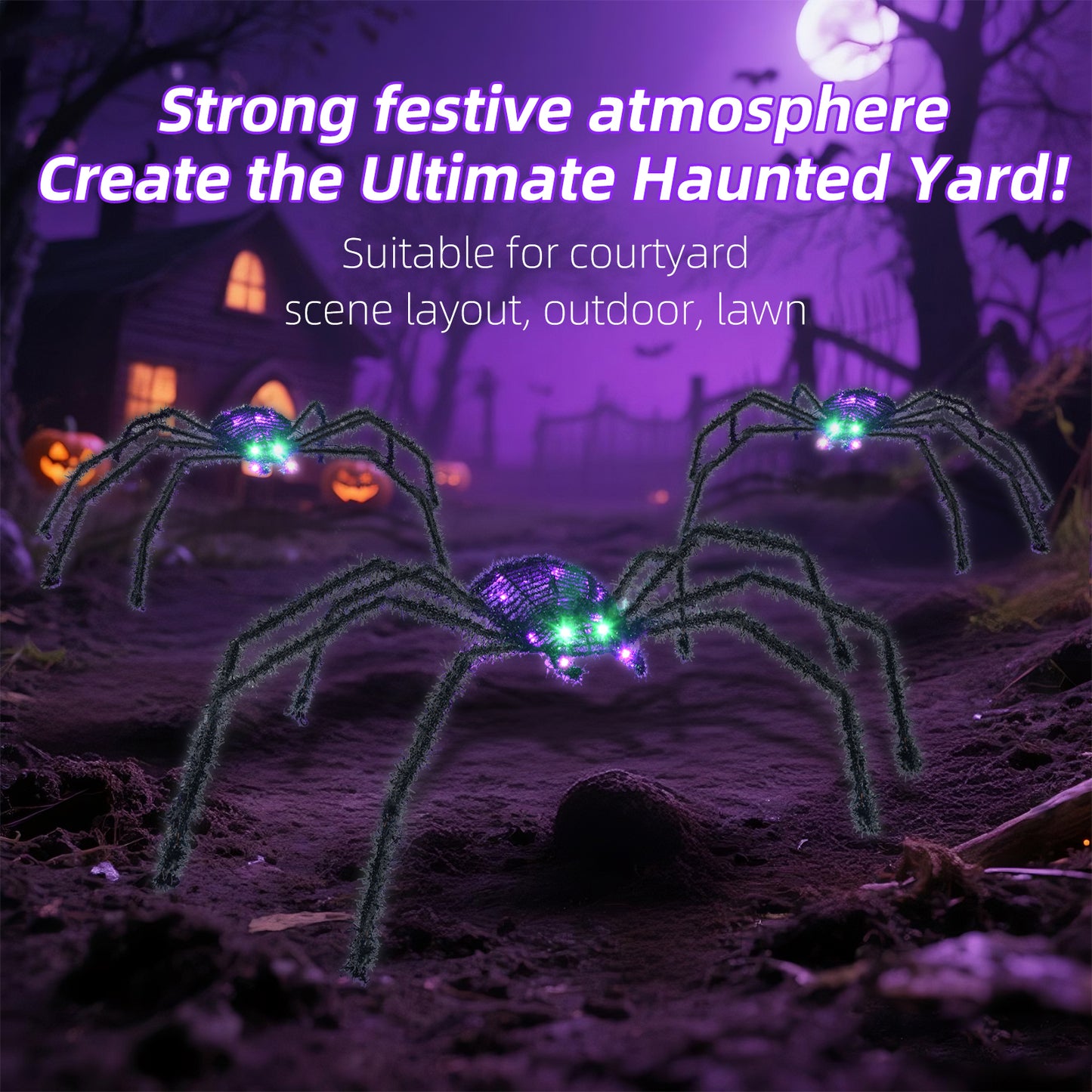 HOYECHI 3-Piece Lighted Halloween Spider - Holiday Decorations Outdoor Set of 3 Spider with 35 LED Lights for Front Yard Porch Gardens Party Outside Halloween Decor - Black