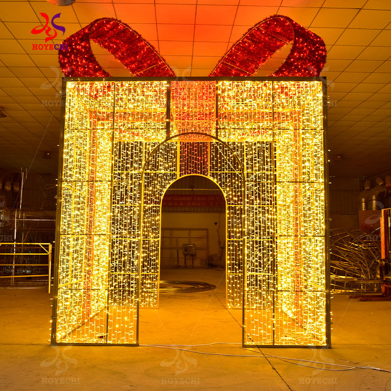HOYECHI Customized Walk-through Outdoor Park Christmas Street Decorations Giant Garden Lighting 3d Gift Box Arch Door LED Motif Light