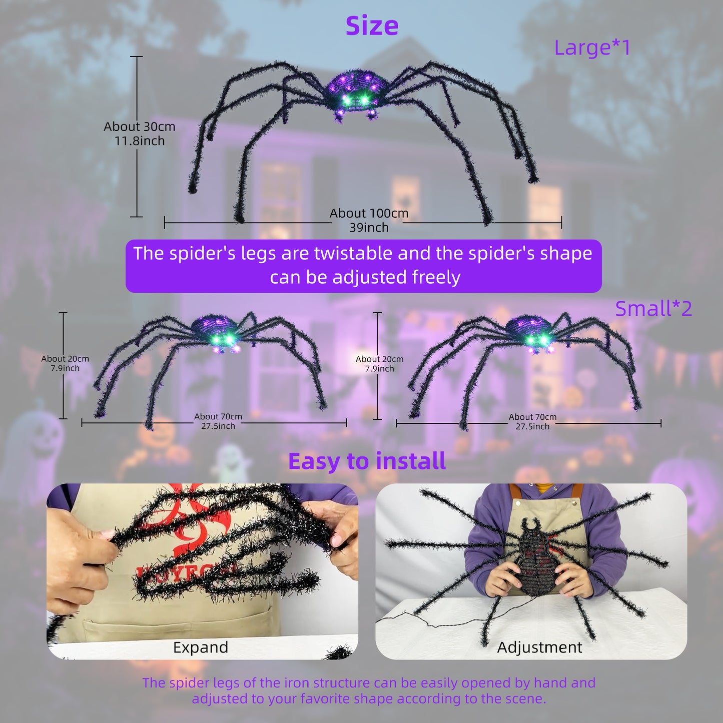 HOYECHI 3-Piece Lighted Halloween Spider - Holiday Decorations Outdoor Set of 3 Spider with 35 LED Lights for Front Yard Porch Gardens Party Outside Halloween Decor - Black