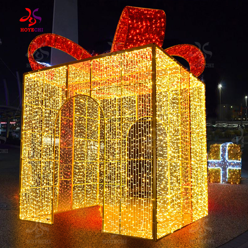 HOYECHI Customized Walk-through Outdoor Park Christmas Street Decorations Giant Garden Lighting 3d Gift Box Arch Door LED Motif Light
