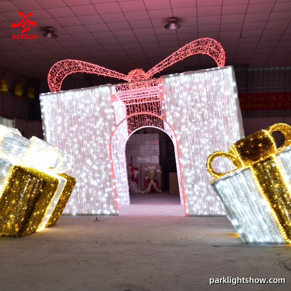 Giant LED Gift Box Arch Light Sculpture – Waterproof Outdoor Decorative Lighting for Parks, Plazas & Theme Events