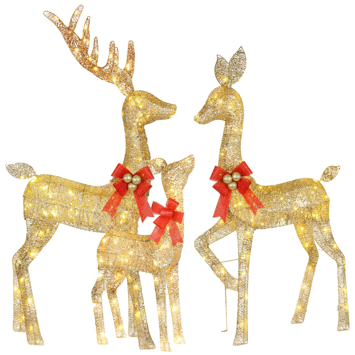 HOYECHI gold lighted reindeer family with a buck, doe and fawn wearing red bows on a white background