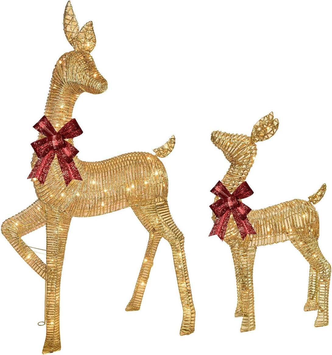 Biche et faon de Noël dorés HOYECHI avec nœuds rouges sur fond blanc