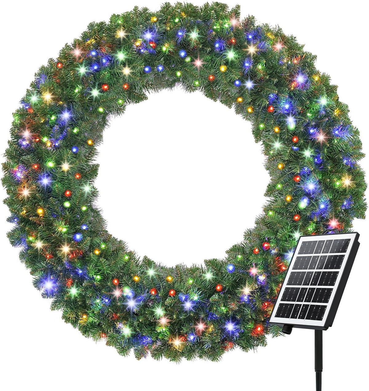 HOYECHI green Christmas wreath with multicolor lights and a solar panel shown beside it on a white background