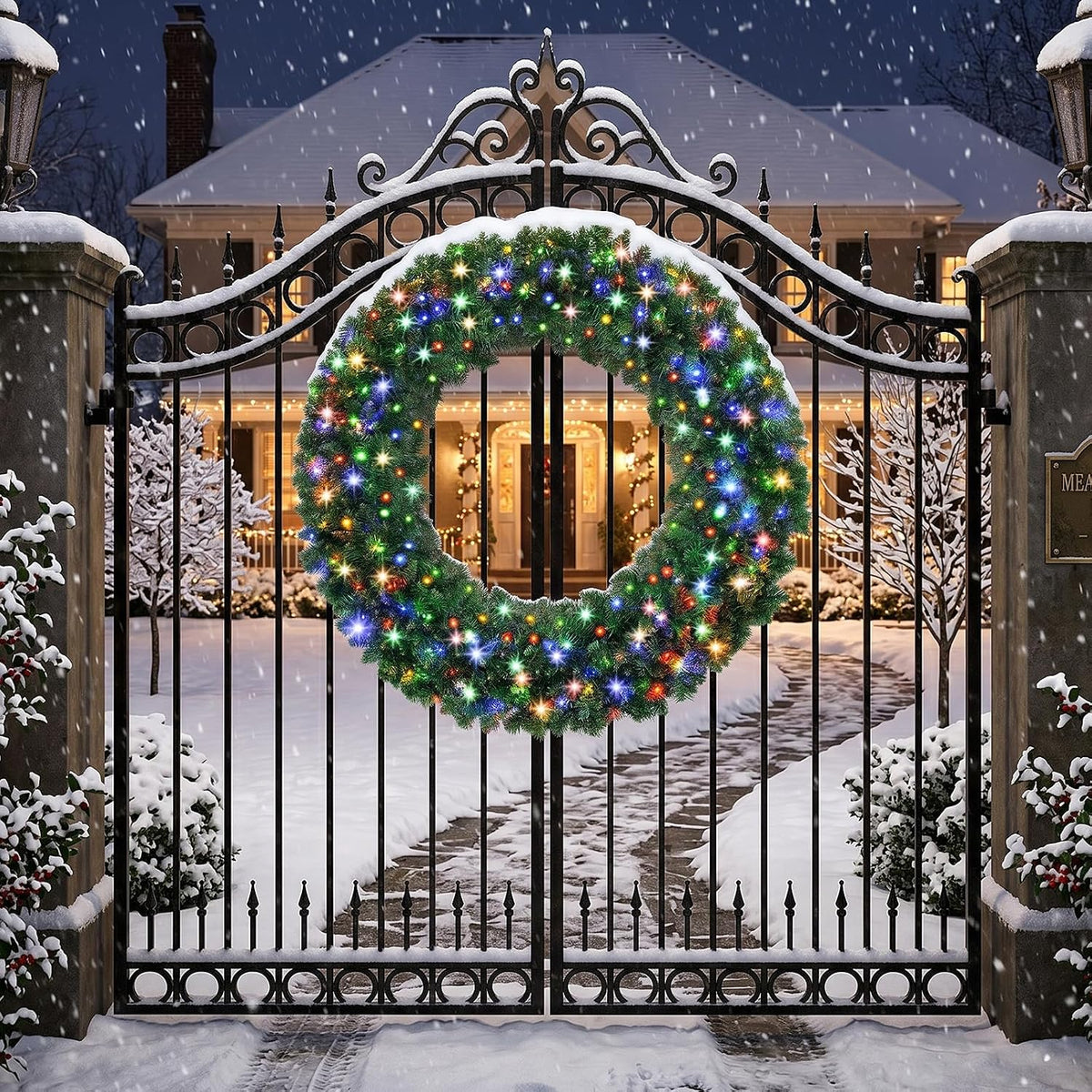 Multicolor lighted Christmas wreath displayed on a dark metal gate in a snowy nighttime scene