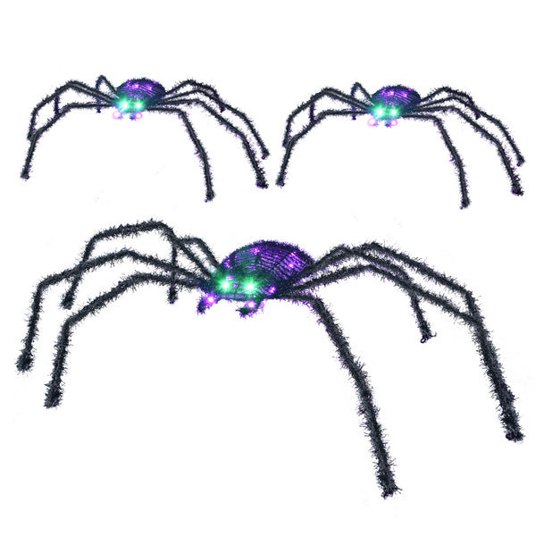 HOYECHI 3-piece lighted Halloween spider decorations with purple bodies and green eyes 35 LED lights for outdoor yard decor