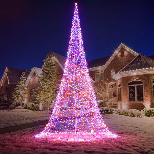 33 ft 10 m HOYECHI flagpole LED Christmas tree with 8400 lights, 12 light strings, reusable and no-tools installation