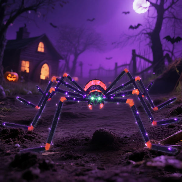 HOYECHI 6.8ft giant light up Halloween spider with 115 LED lights creating spooky outdoor yard decor under purple night sky