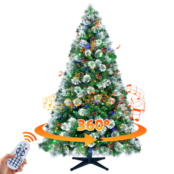 HOYECHI 7.5ft rotatable Christmas tree with music 380 LED lights and rotating metal stand for indoor living room decor