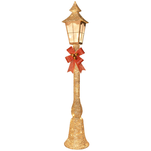 HOYECHI 5.2FT gold lighted Christmas street lamp with red bow for outdoor yard lawn porch and pathway decor