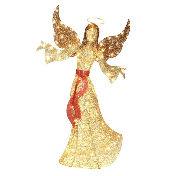 HOYECHI 5ft outdoor angel Christmas decoration with 120 LED lights elegant winged holiday figure with bow and halo for lawn and yard