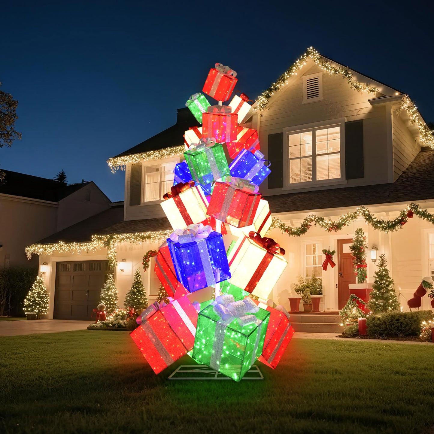 HOYECHI 10.8ft Lighted Gift Box Christmas Tree - Christmas Outdoor Decoration with 23 Stacked Boxes - 7-Tier Design, Waterproof Outdoor Holiday Decoration for Yard, Mall & Commercial Display