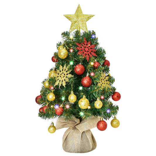 HOYECHI 24" Mini Christmas Tree - Small Tabletop Artificial Xmas Tree with Lights, Star Treetop, Ornaments Balls, DIY Decorations - Green & Gold