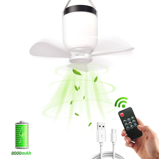 HOYECHI portable rechargeable camping fan with LED light and 8000mAh battery for outdoor camping tents.