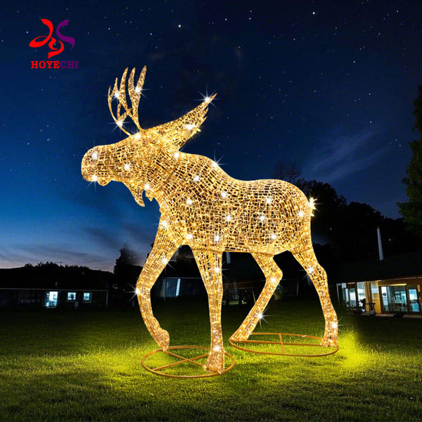 HOYECHI factory customized luminous Christmas elk sculpture giant outdoor LED reindeer decoration glowing on lawn at night