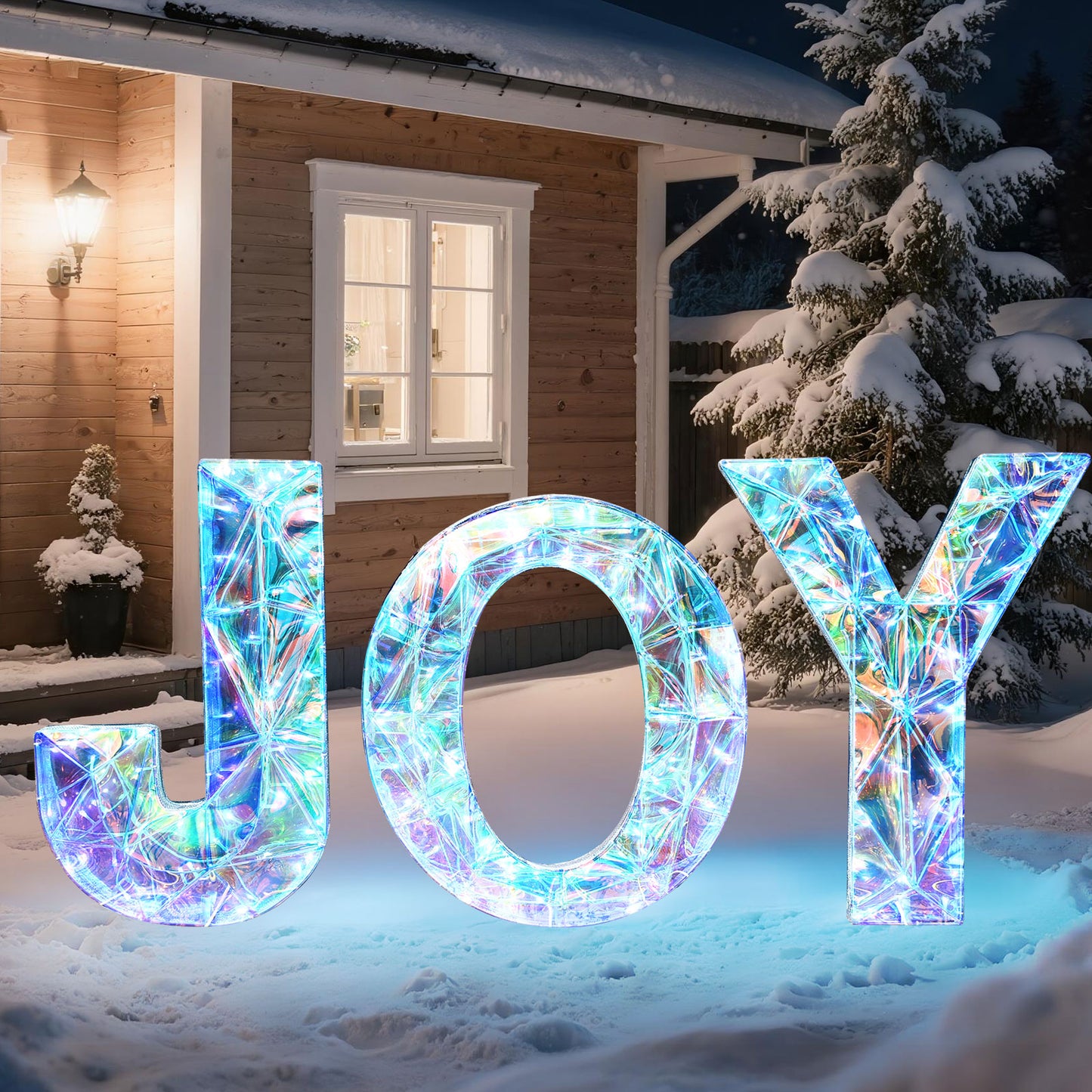 HOYECHI 3-Piece Christmas Joy Yard Decoration - 3D Prismatic Lighted Outdoor Holiday Décor with 135 Lights, Ground Stakes - Holiday Xmas Lawn Porch Patio Display - Iridescent