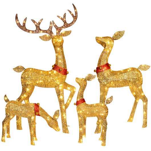 HOYECHI 4-piece gold lighted reindeer family with 245 LED lights outdoor Christmas yard decorations for front lawn garden and porch
