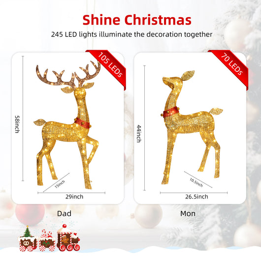 Easy to install diagram for HOYECHI 3D gold lighted reindeer family showing how to assemble buck doe and fawns with ground stakes and plug in power