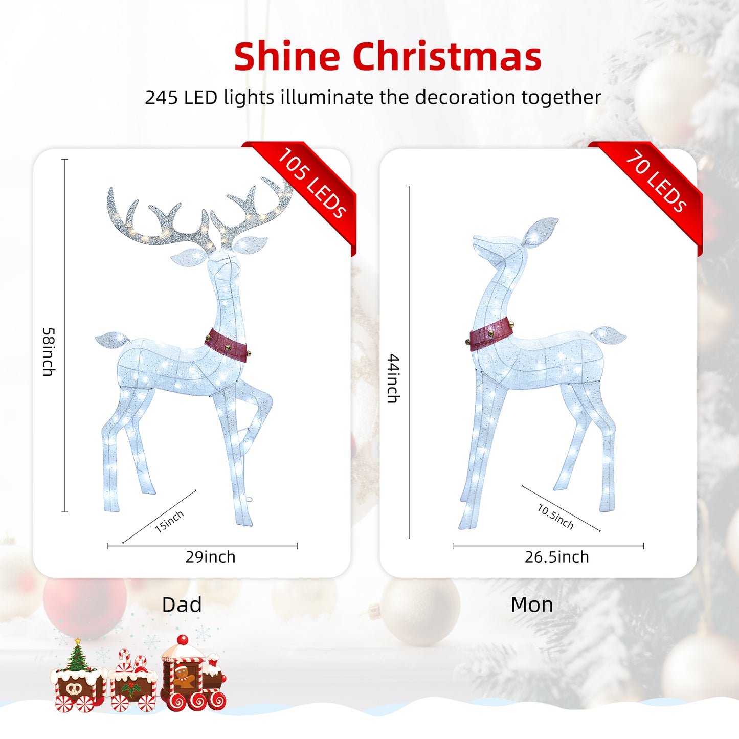 HOYECHI Christmas Decorations Outdoor Reindeer Family - 4-Piece 3D Lighted Deer Set with 245 LED Lights, Yard Christmas Decor with Stakes for Front Yard, Lawn, Garden, Porch, Holiday - White