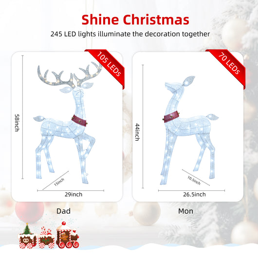 Size chart of HOYECHI lighted buck and doe Dad 58 inch 105 LEDs and Mom 44 inch 70 LEDs for outdoor Christmas lawn decor