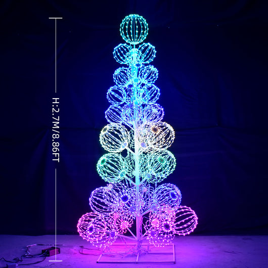 Front view of HOYECHI 2.7m 8.86ft lighted balls Christmas tree indoor test showing full height and LED structure