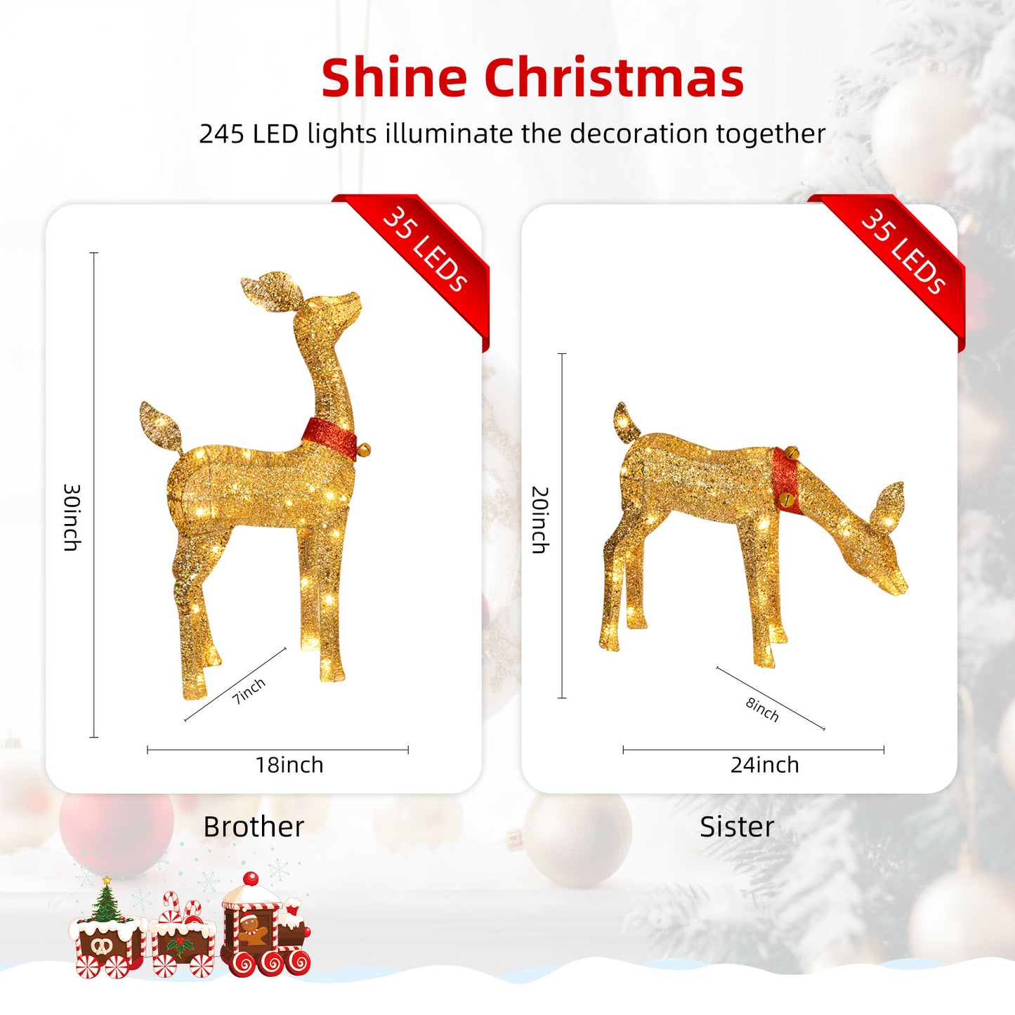 HOYECHI Christmas Decorations Outdoor Reindeer Family - 4-Piece 3D Lighted Deer Set with 245 LED Lights, Yard Christmas Decor with Stakes for Front Yard, Lawn, Garden, Porch, Holiday - Gold