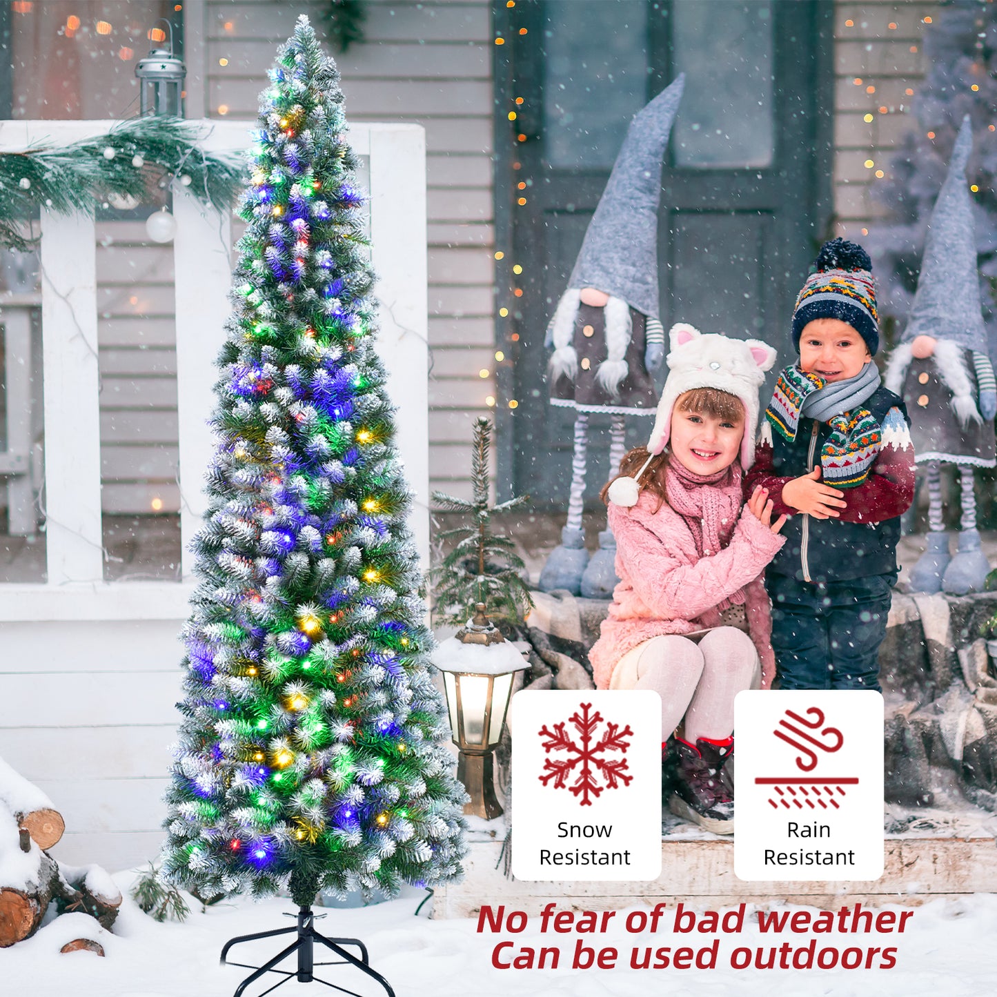 Slim Pencil Christmas Tree 7.5FT - HOYECHI Artificial Christmas Tree with 320 Multicolored Lights, Skinny Christmas Tree with 9 Light Modes - Narrow Christmas Tree for Home and Party