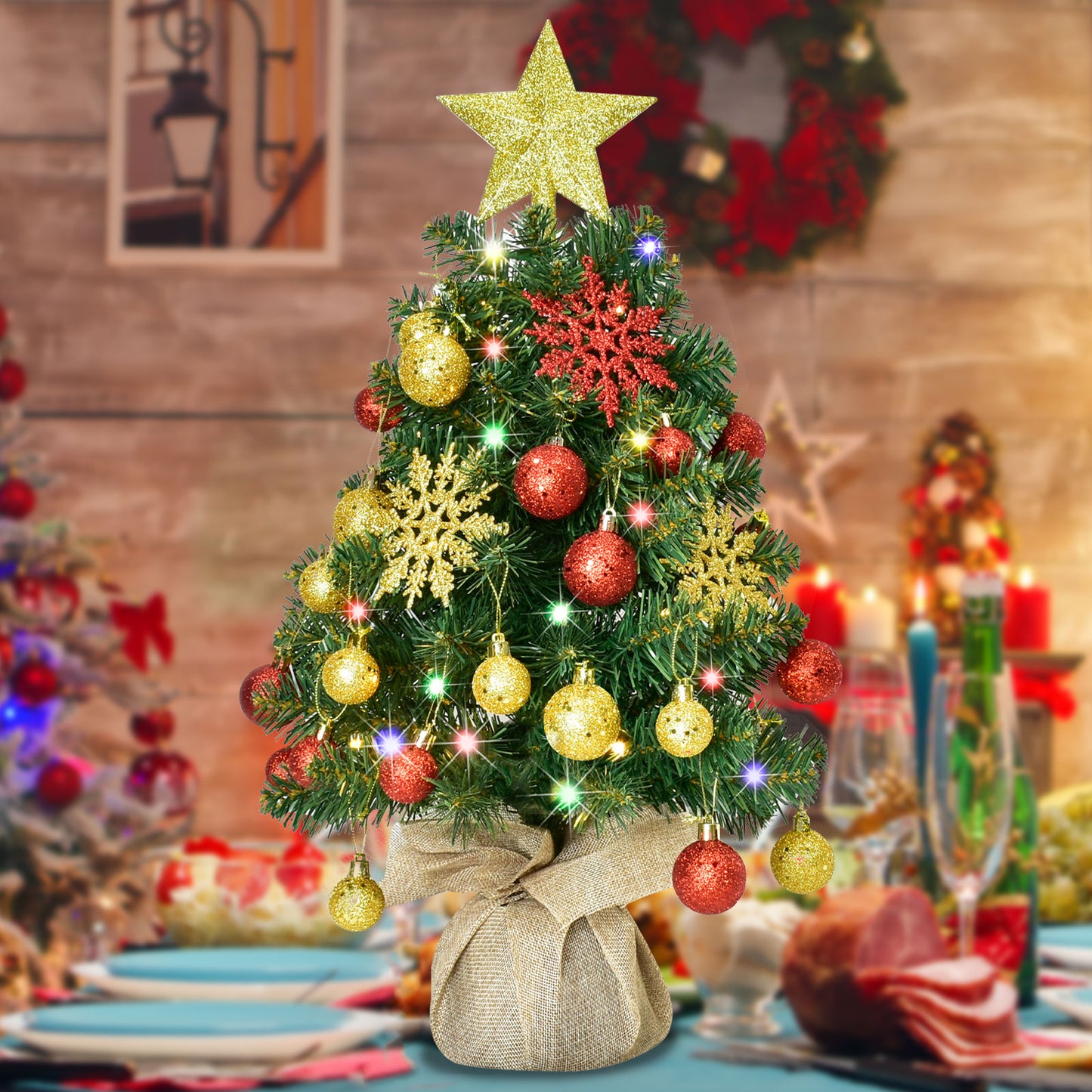 HOYECHI 24" Mini Christmas Tree - Small Tabletop Artificial Xmas Tree with Lights, Star Treetop, Ornaments Balls, DIY Decorations - Green & Gold