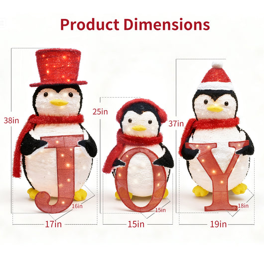 Size chart of HOYECHI JOY penguin family showing 38in 37in and 25in tall lighted Christmas penguin decorations