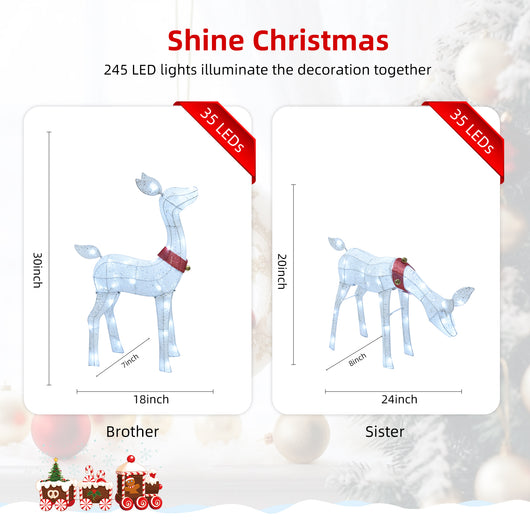Size chart of HOYECHI white LED reindeer fawns brother 30 inch and sister 20 inch Christmas yard decorations with 35 lights each