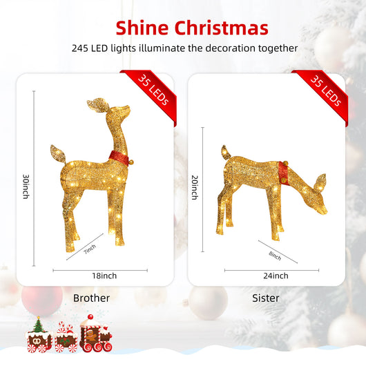 Size chart of HOYECHI gold LED reindeer fawns brother 30 inch 35 lights and sister 20 inch 35 lights for Christmas yard decorations