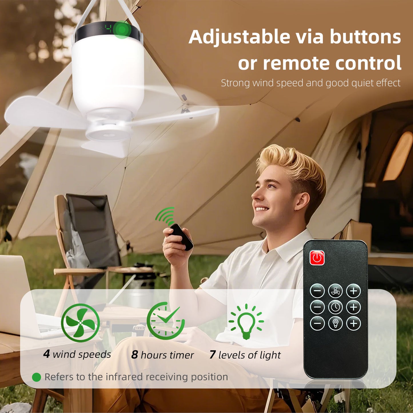 HOYECHI 2-in-1 Rechargeable Camping Fan & LED Lantern – 8000mAh Power Bank, Ultra-Quiet 4-Speed Fan with Remote, Timer & Hanging Hook for Tents