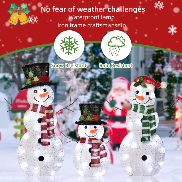 Christmas Snowman Family Decoration Set – 3-Piece Lighted Outdoor Holiday Decor with 80 LED Lights, Waterproof Lawn Display for Garden, Yard