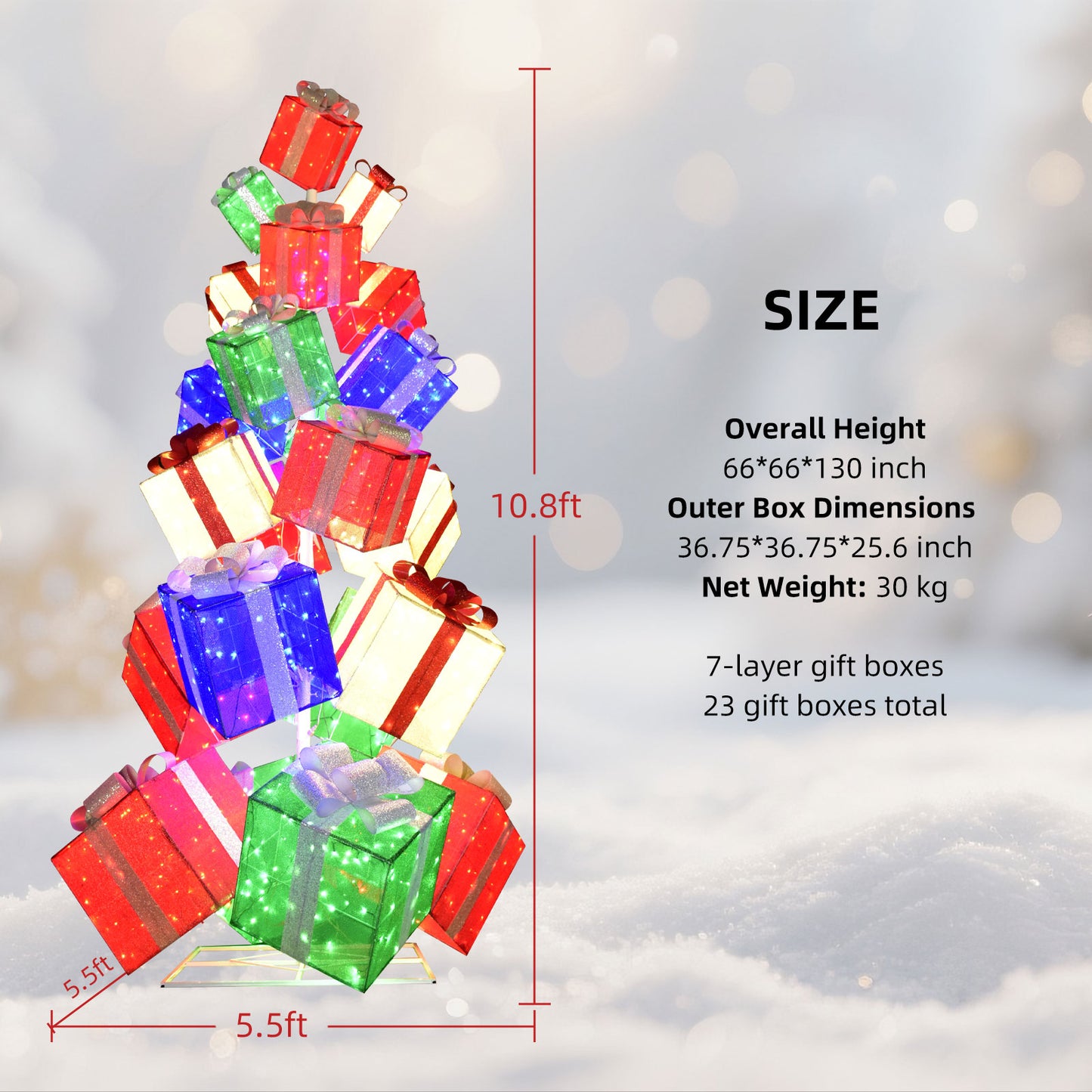 HOYECHI 10.8ft Lighted Gift Box Christmas Tree - Christmas Outdoor Decoration with 23 Stacked Boxes - 7-Tier Design, Waterproof Outdoor Holiday Decoration for Yard, Mall & Commercial Display