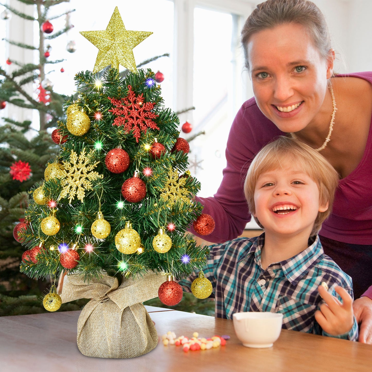 HOYECHI 24" Mini Christmas Tree - Small Tabletop Artificial Xmas Tree with Lights, Star Treetop, Ornaments Balls, DIY Decorations - Green & Gold