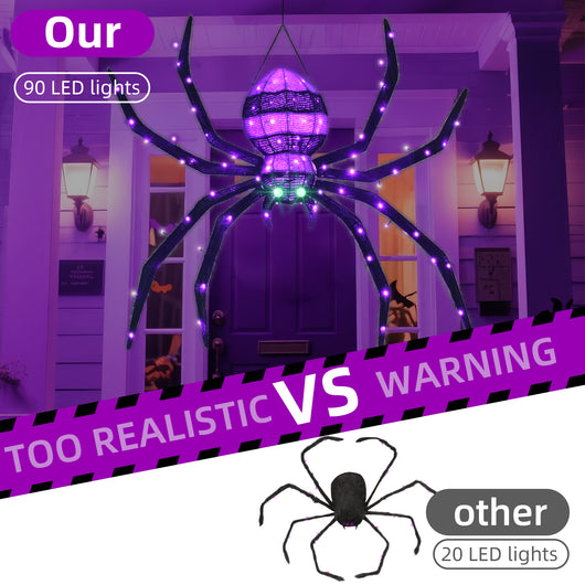 Comparison our HOYECHI hanging spider with 90 LED lights versus other Halloween spider with 20 LEDs more realistic and brighter
