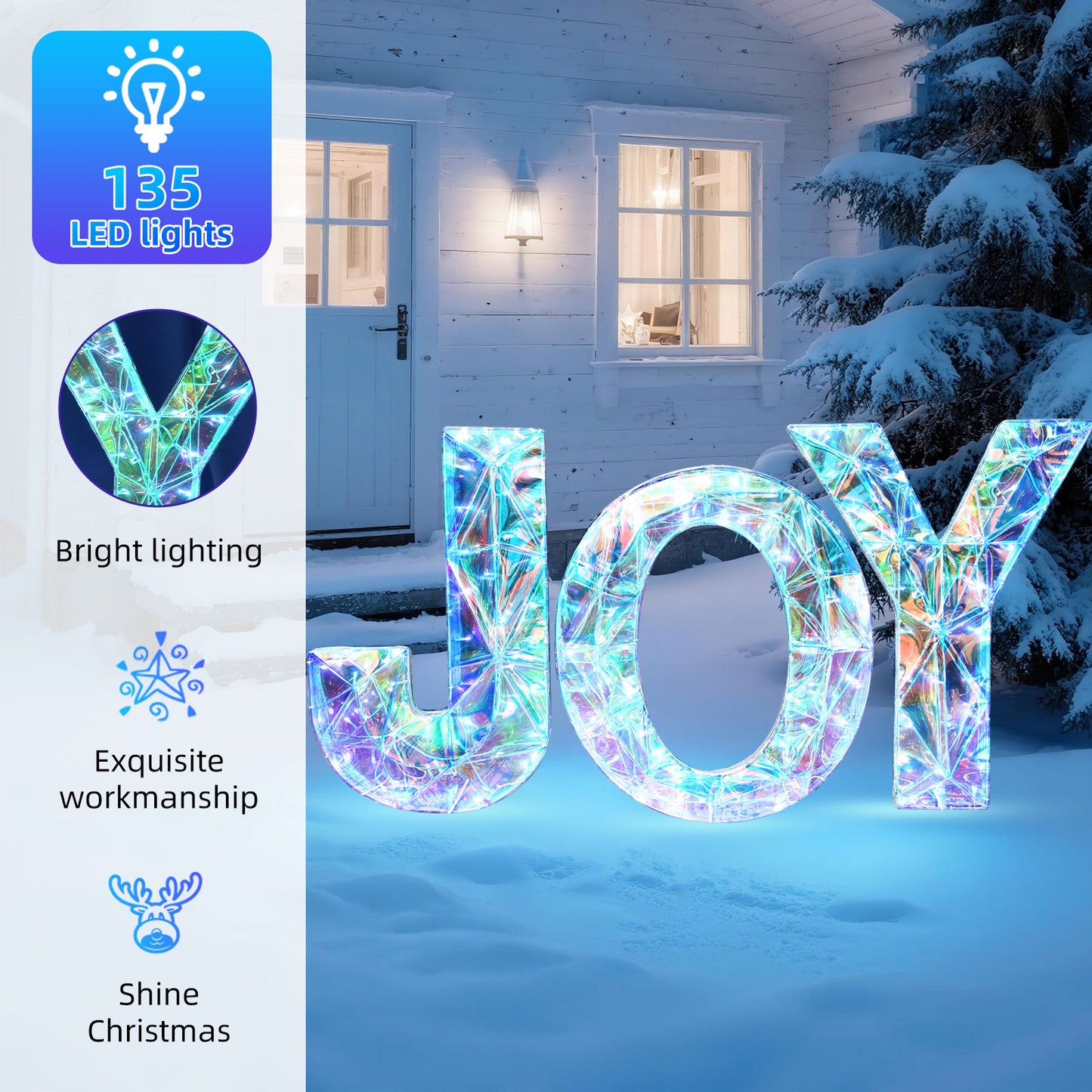 HOYECHI 3-Piece Christmas Joy Yard Decoration - 3D Prismatic Lighted Outdoor Holiday Décor with 135 Lights, Ground Stakes - Holiday Xmas Lawn Porch Patio Display - Iridescent