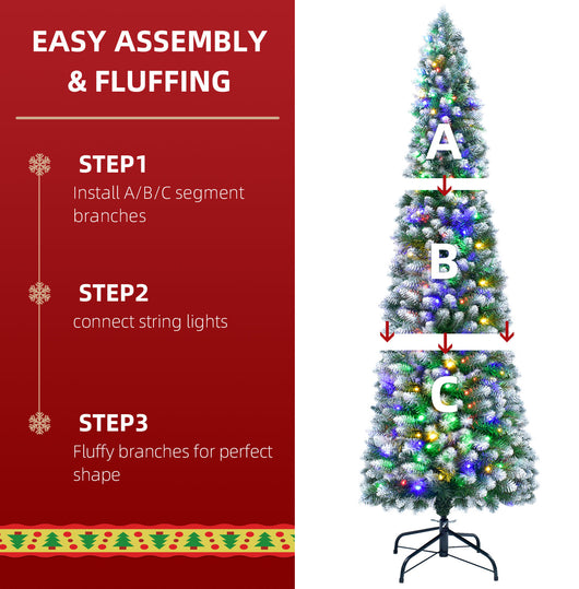 Easy Assembly and Fluffing Guide Infographic for Hoyechi 7.5ft Pre-lit Slim Pencil Christmas Tree, Showing 3-Section Installation and Light Connection Steps.