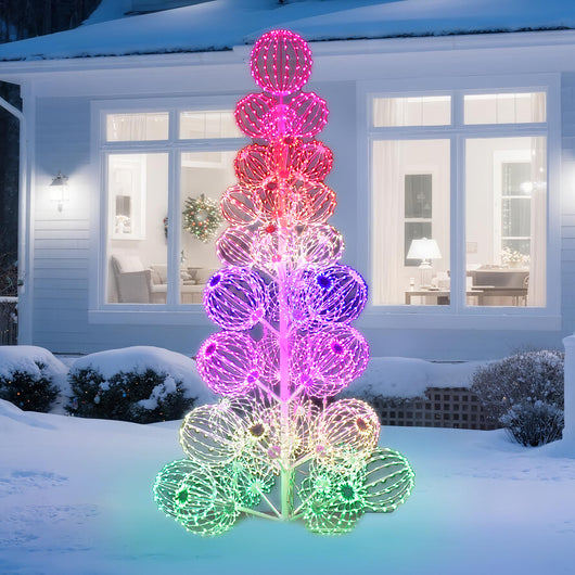 HOYECHI 8.8ft lighted balls Christmas tree outdoor LED decoration illuminating a snowy front yard