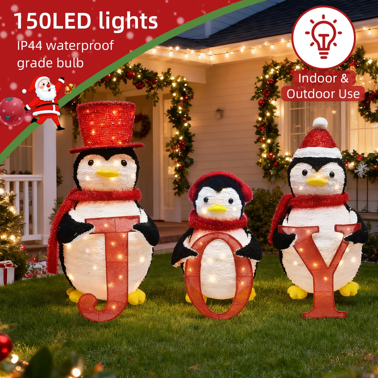 HOYECHI 3-Piece Lighted Christmas Penguin Family Set - Outdoor Yard Decoration Pop-Up Penguin with 150 LED Lights, Joy Sign, Holiday Yard Decor for Lawn, Garden, Front Porch