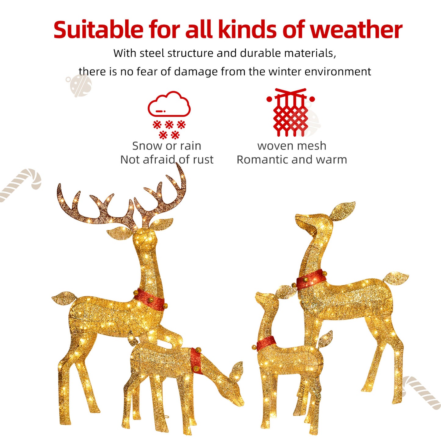 HOYECHI Christmas Decorations Outdoor Reindeer Family - 4-Piece 3D Lighted Deer Set with 245 LED Lights, Yard Christmas Decor with Stakes for Front Yard, Lawn, Garden, Porch, Holiday - Gold