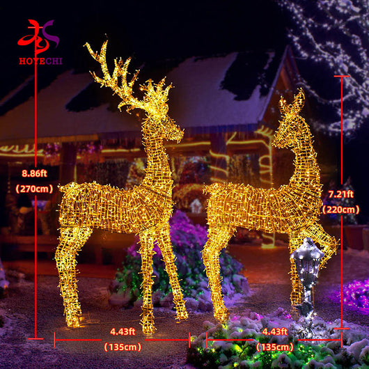 Outdoor view of HOYECHI 8.86ft LED buck and 7.21ft LED doe Christmas deer with size markings for yard and garden display