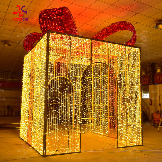 Side angle view of HOYECHI LED gift box arch aluminum frame wrapped with warm white string lights