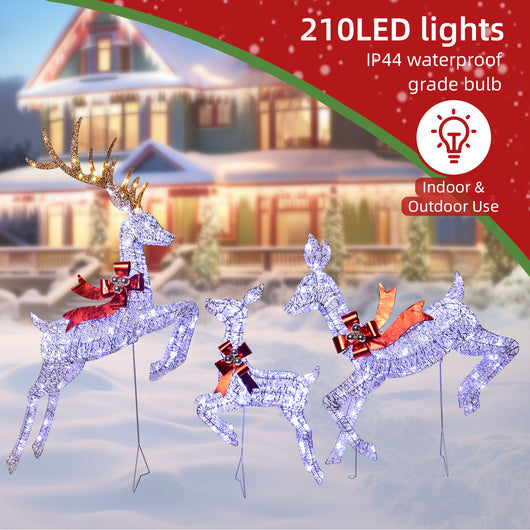 Winter holiday scene with HOYECHI brown LED reindeer lights in snow-covered yard