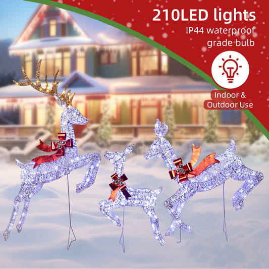 HOYECHI Christmas Reindeer Outdoor Decor Light‑Up Reindeer Family Set with 210 Warm White LEDs – Yard Decoration Kit with Plug & Stakes – Silver