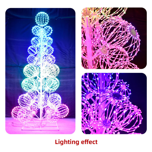 Lighting effect of HOYECHI 8.8ft LED balls Christmas tree showing colorful gradient illumination and close up of ball-shaped light spheres